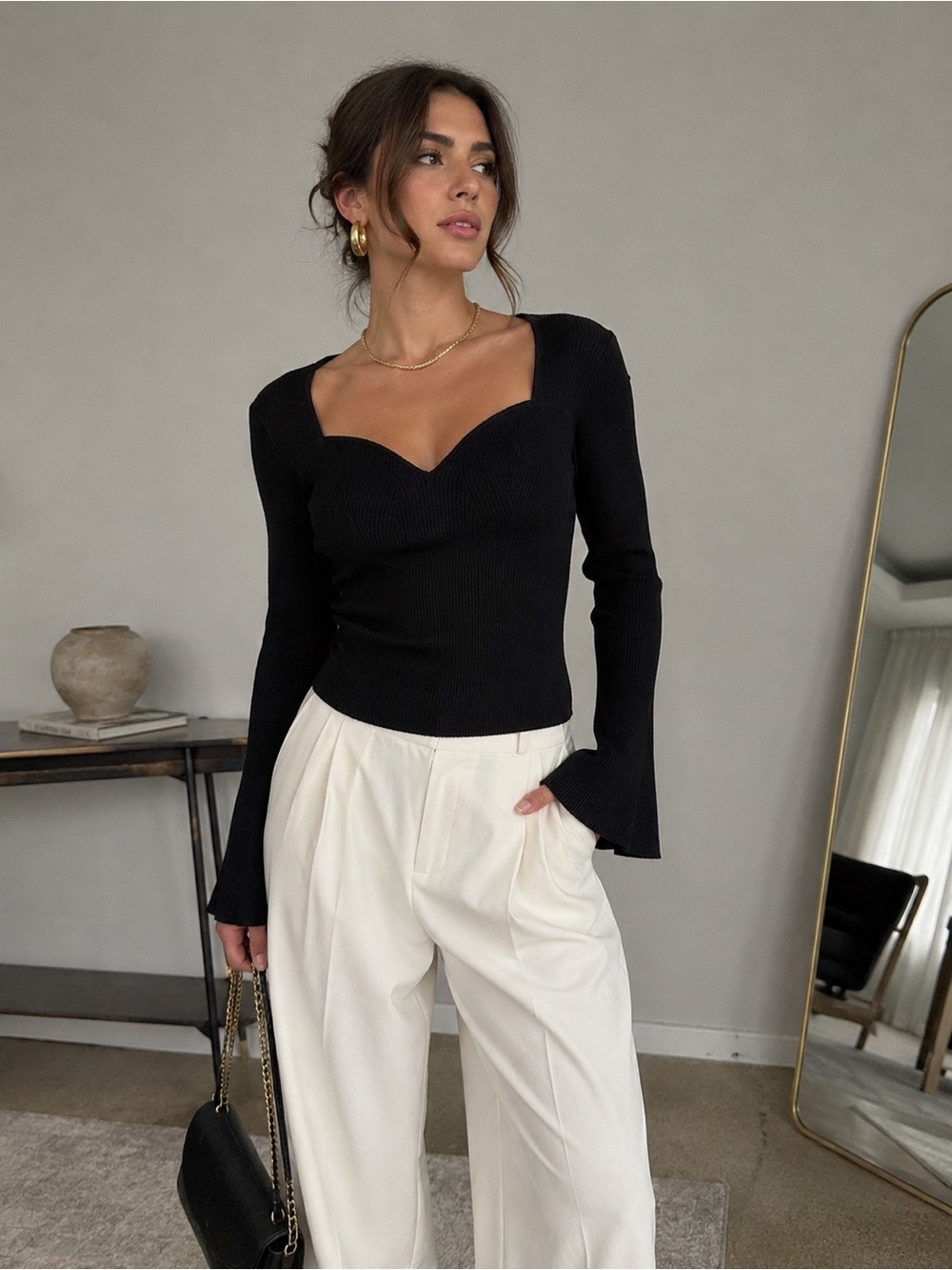 NWT I.N.C. L Black Ribbed Sweetheart Neck Fitted Stretch Top Flared Sleeves Chic